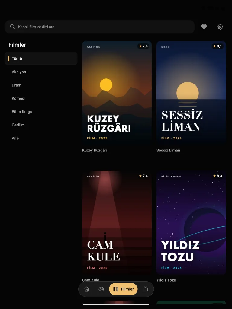 Premium Player auf dem Tablet: Filmkatalog und Kategorien