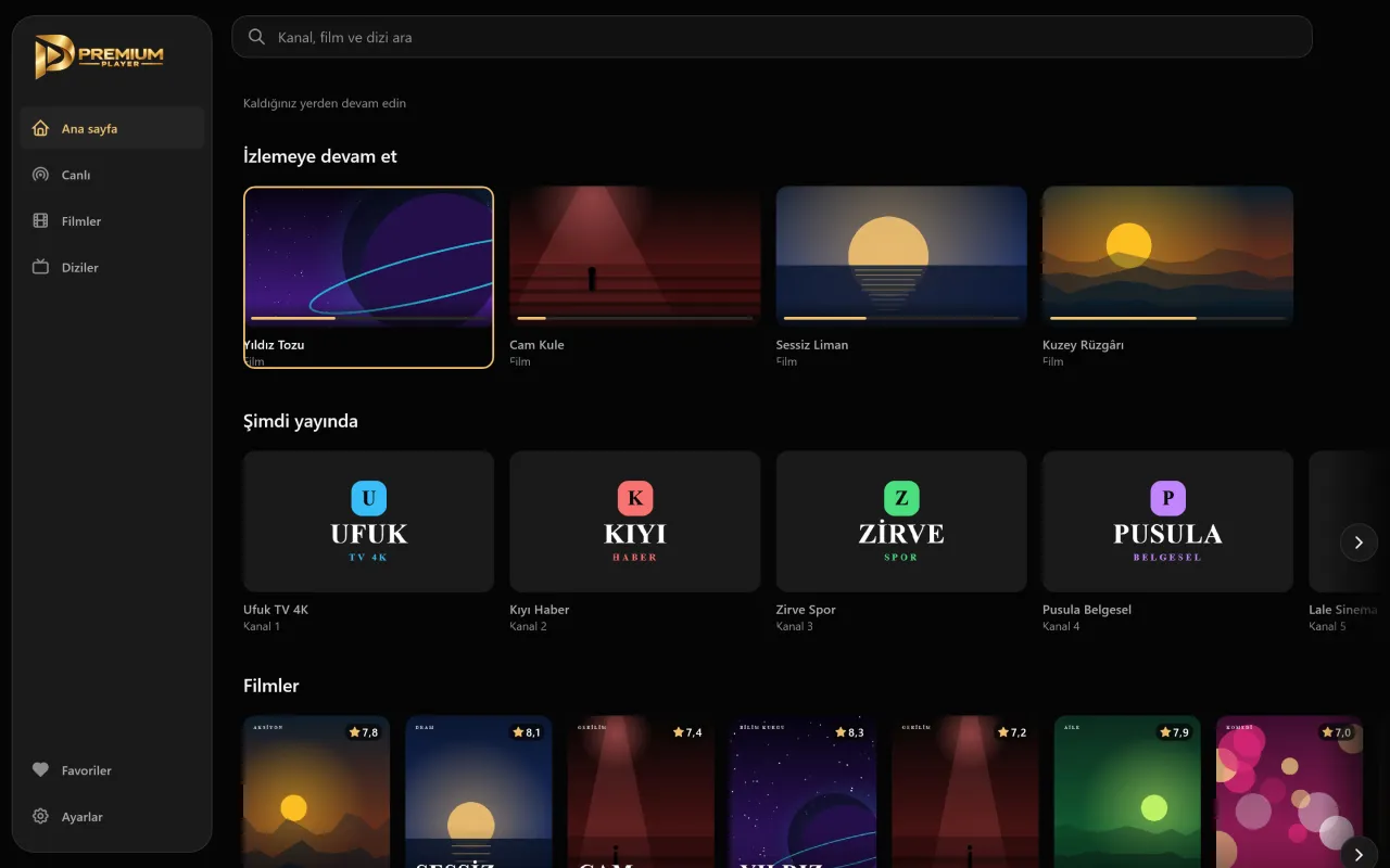 Premium Player bilgisayarda: izlemeye devam et, şimdi yayında ve filmler