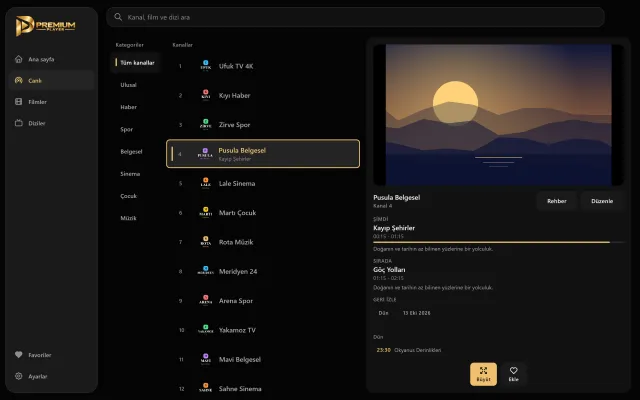 Premium Player Windows uygulamasında canlı TV: kategoriler, kanal listesi ve program rehberi