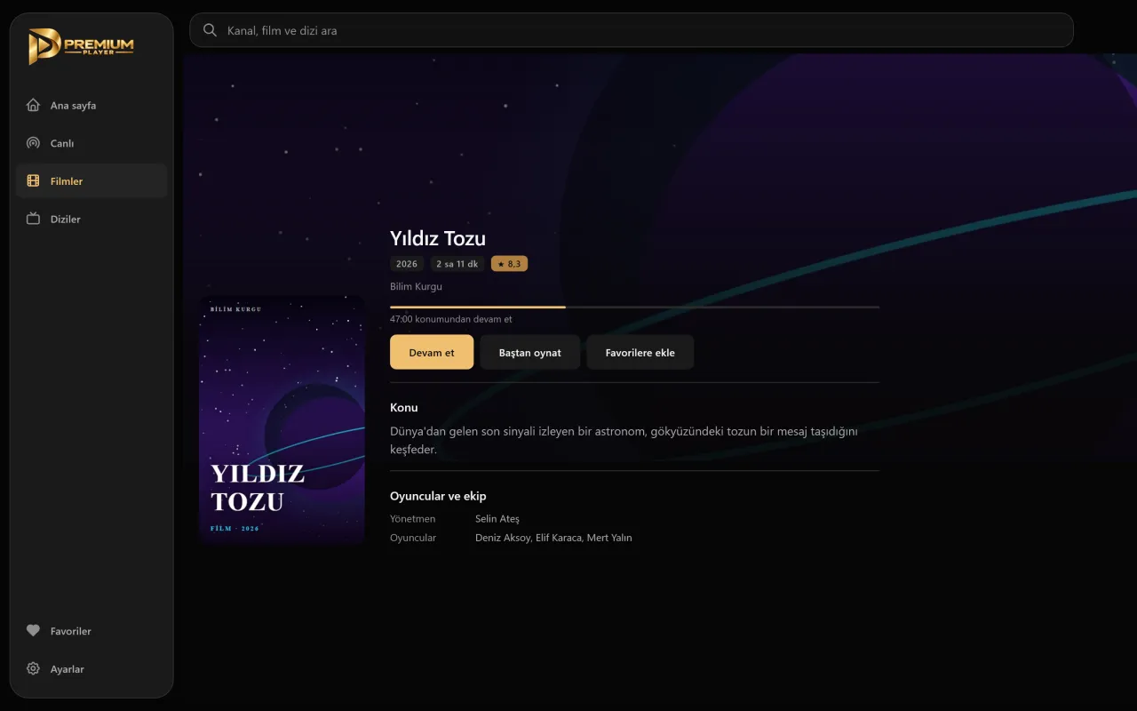 Premium Player bilgisayarda: film ayrıntısı ve kaldığınız yerden devam