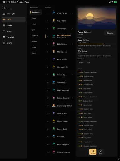 Premium Player iPhone ve iPad uygulamasında canlı TV: kategoriler, kanal listesi ve program rehberi