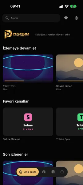 Premium Player telefonda: ana sayfa ve arama çubuğu