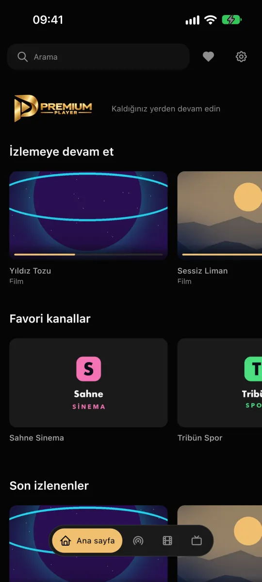 Premium Player telefonda: izlemeye devam et ve favori kanallar