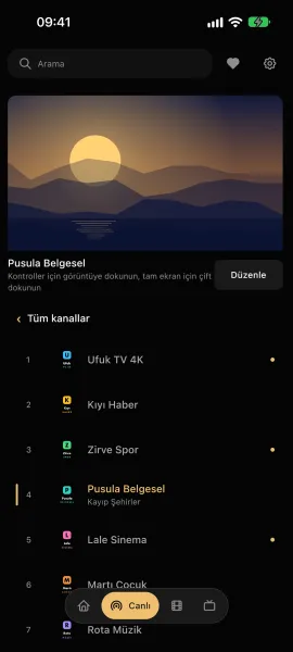 Premium Player telefonda: canlı yayın önizlemesi ve kanal listesi
