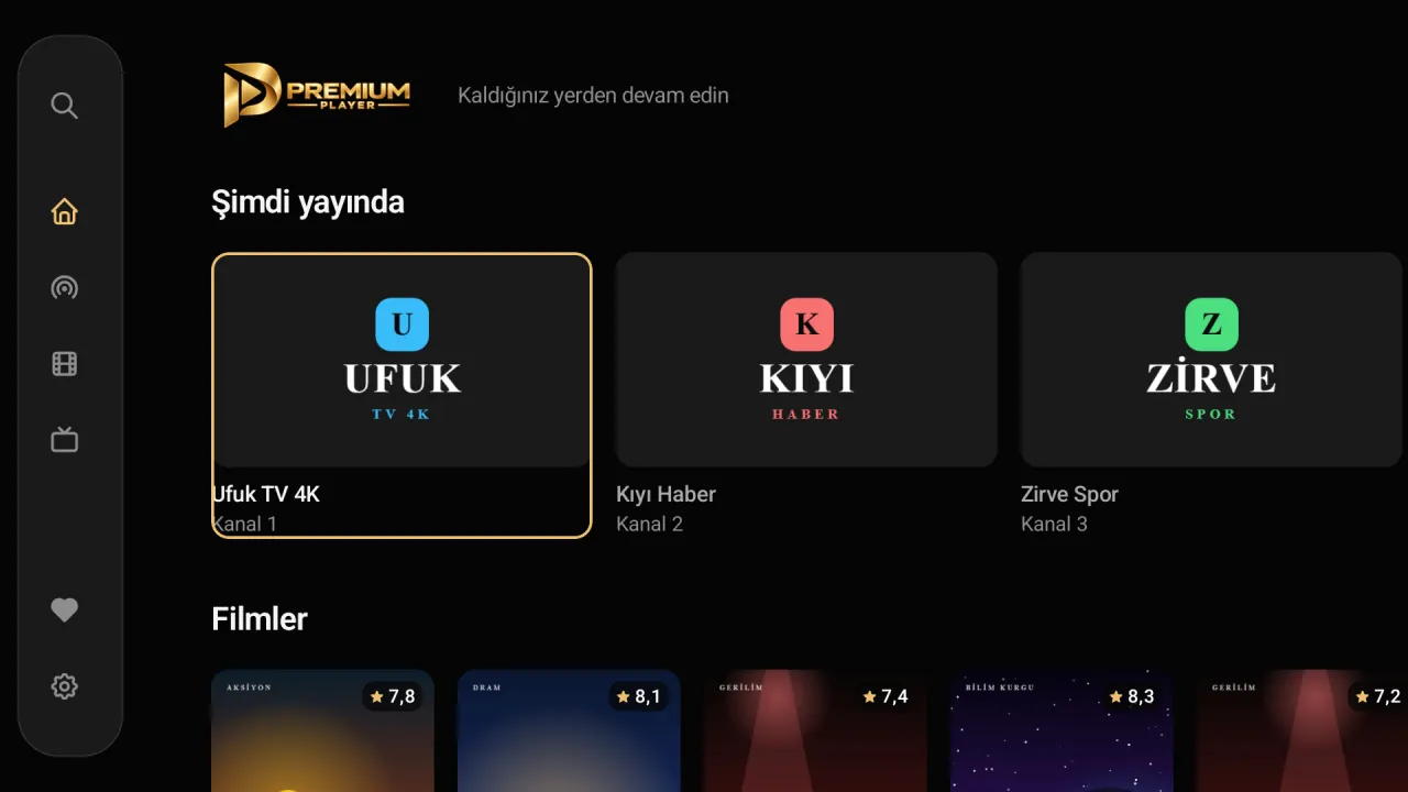 Premium Player Android TV'de: ana sayfada şimdi yayında olan kanallar ve filmler
