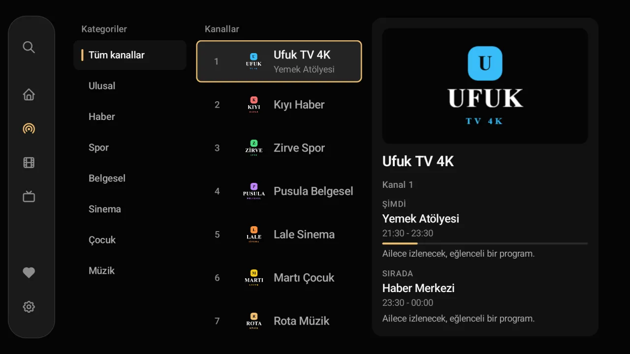 Premium Player Android TV'de: kategoriler, kanal listesi, yayın önizlemesi ve şimdi/sırada