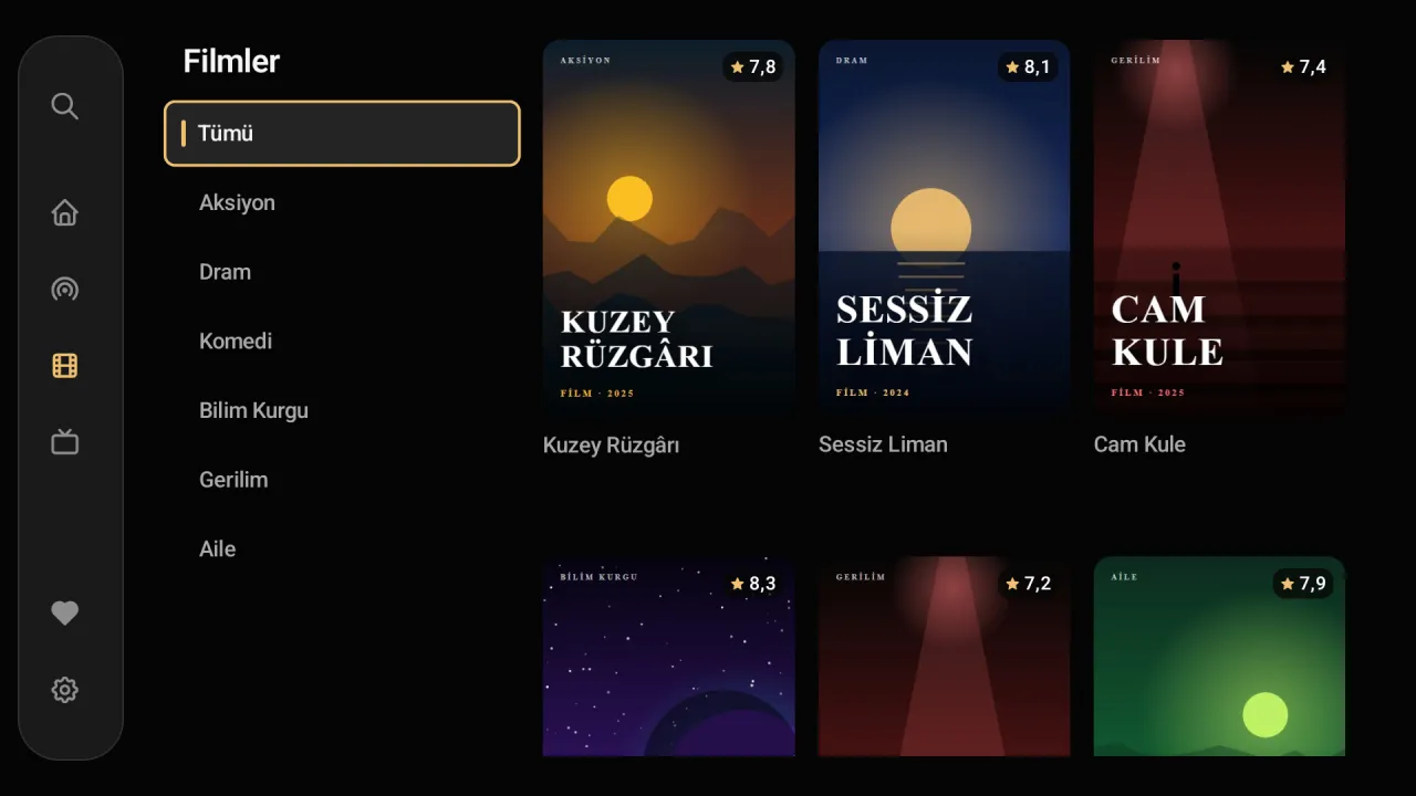 Premium Player Android TV'de: türlere ayrılmış afişli film kataloğu